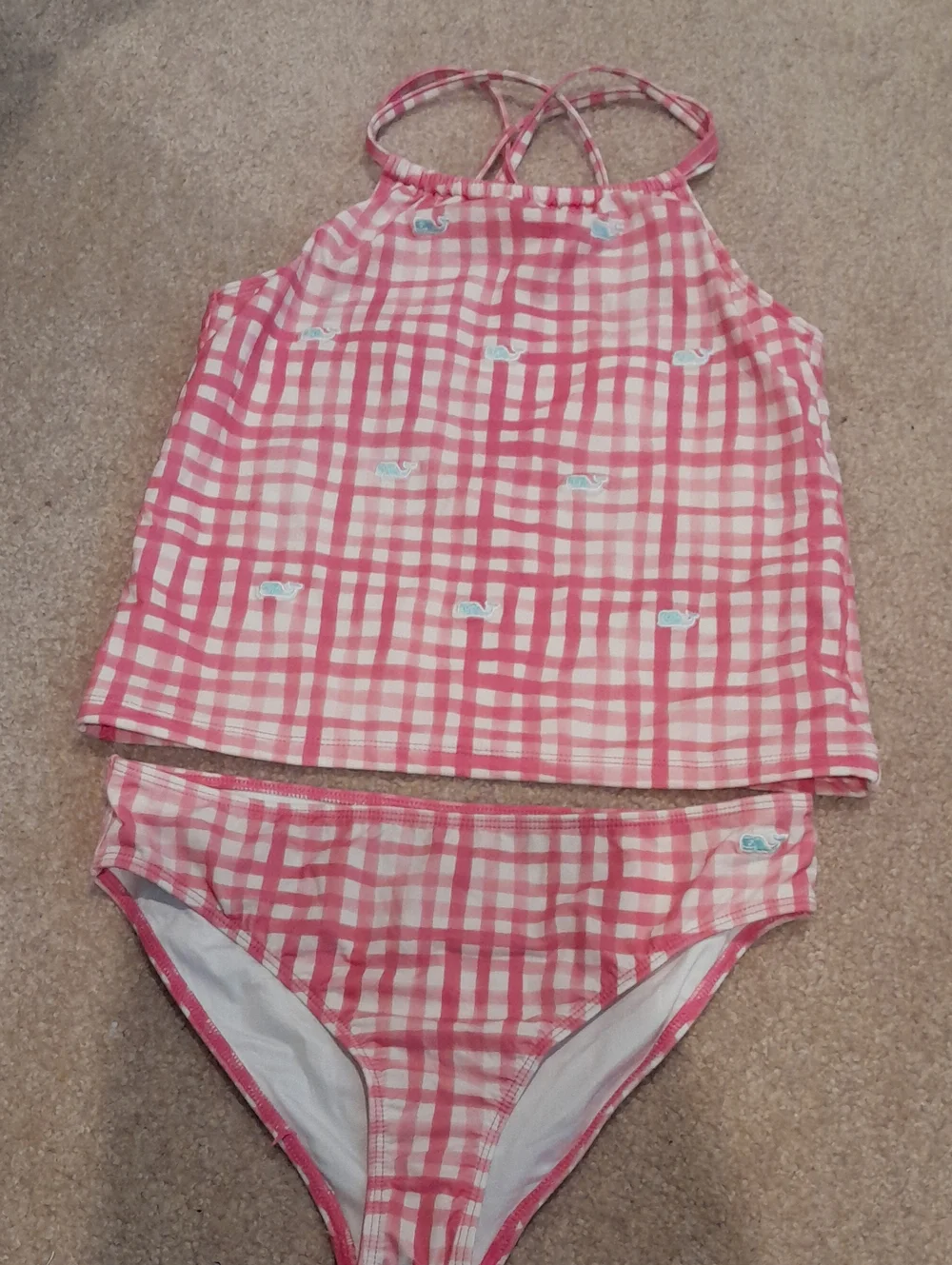 Vineyard Vines Girls White And Pink Checkered Tankini Set, Girls Size L